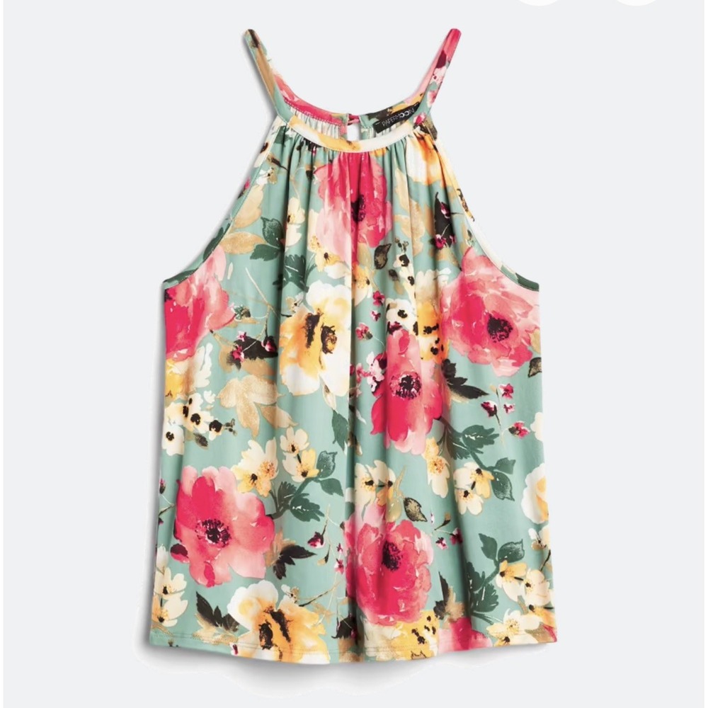Papermoon Womens Floral Halter Tank Top Teal Green Red High Neck Size L